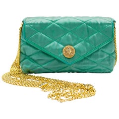 Vintage 1980s Chanel Emerald Green Silk Bag with Gold Chain