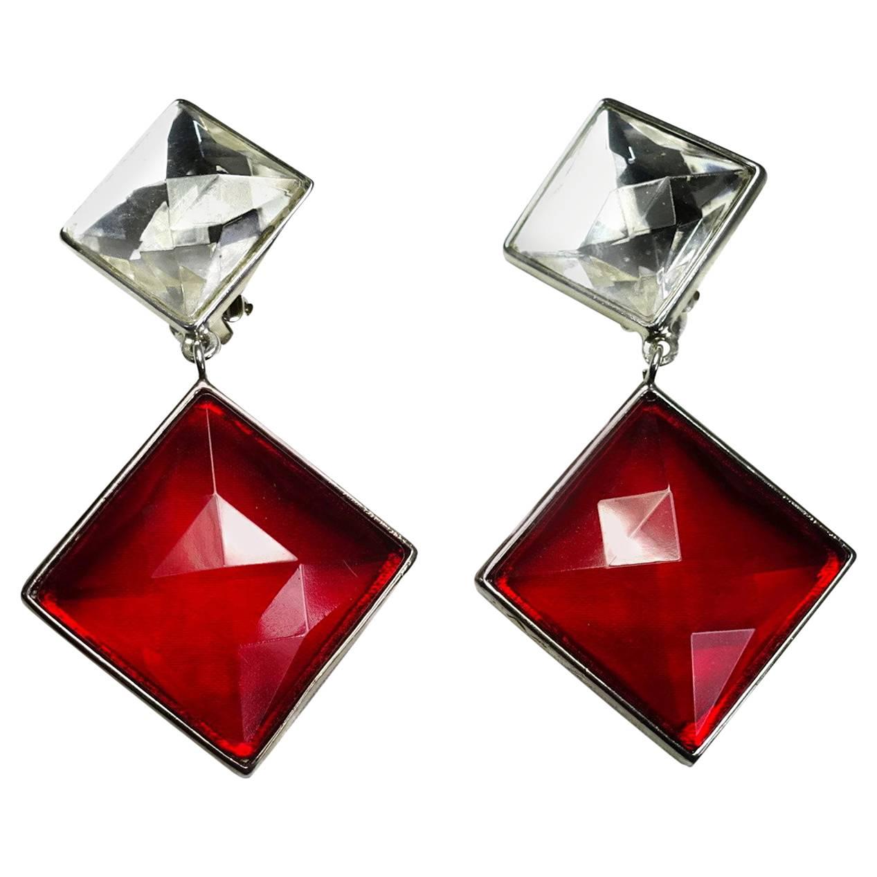Vintage Signed Ben Amun Red & Clear Crystal Drop Earrings