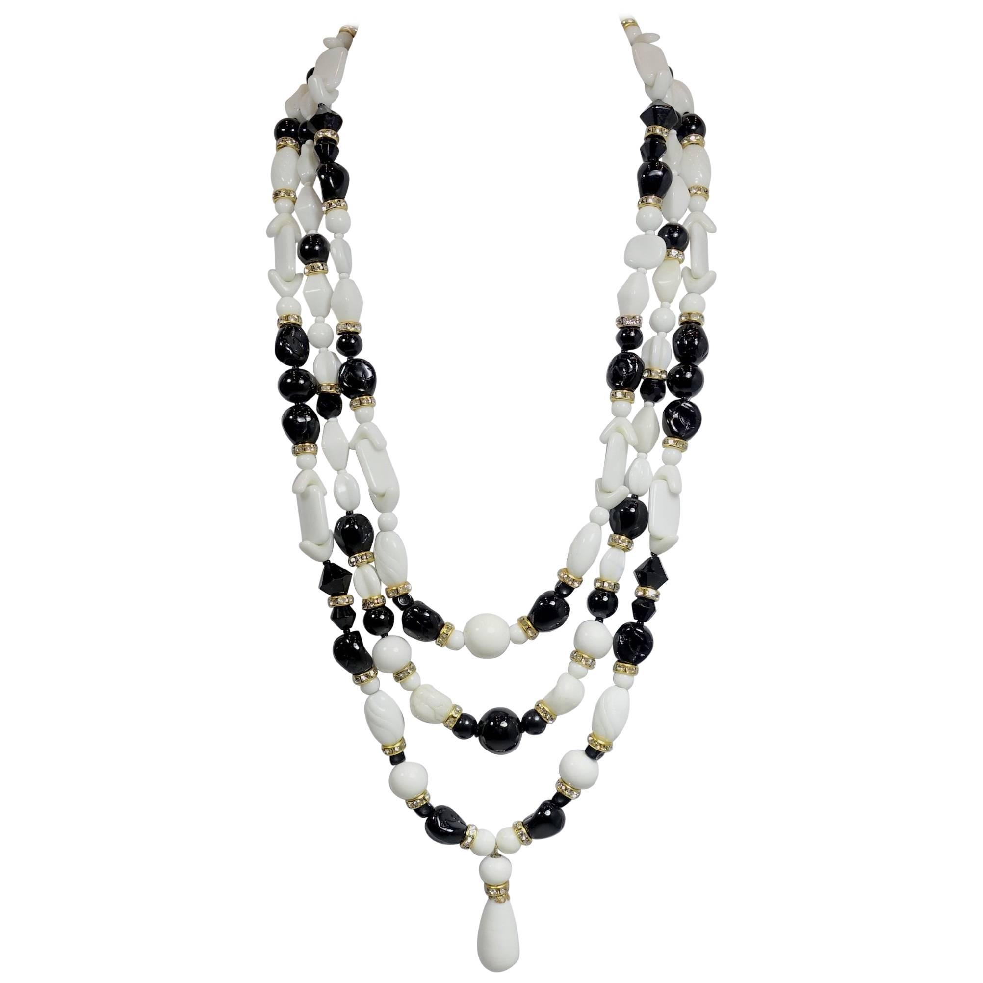 Miriam Haskell Vintage 3 Row White and Black Beaded Necklace