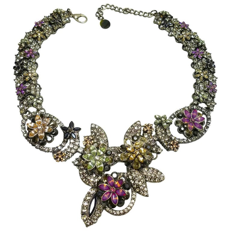 Three Dimensional Multi Colored Crystal Floral Necklace For Sale at 1stDibs