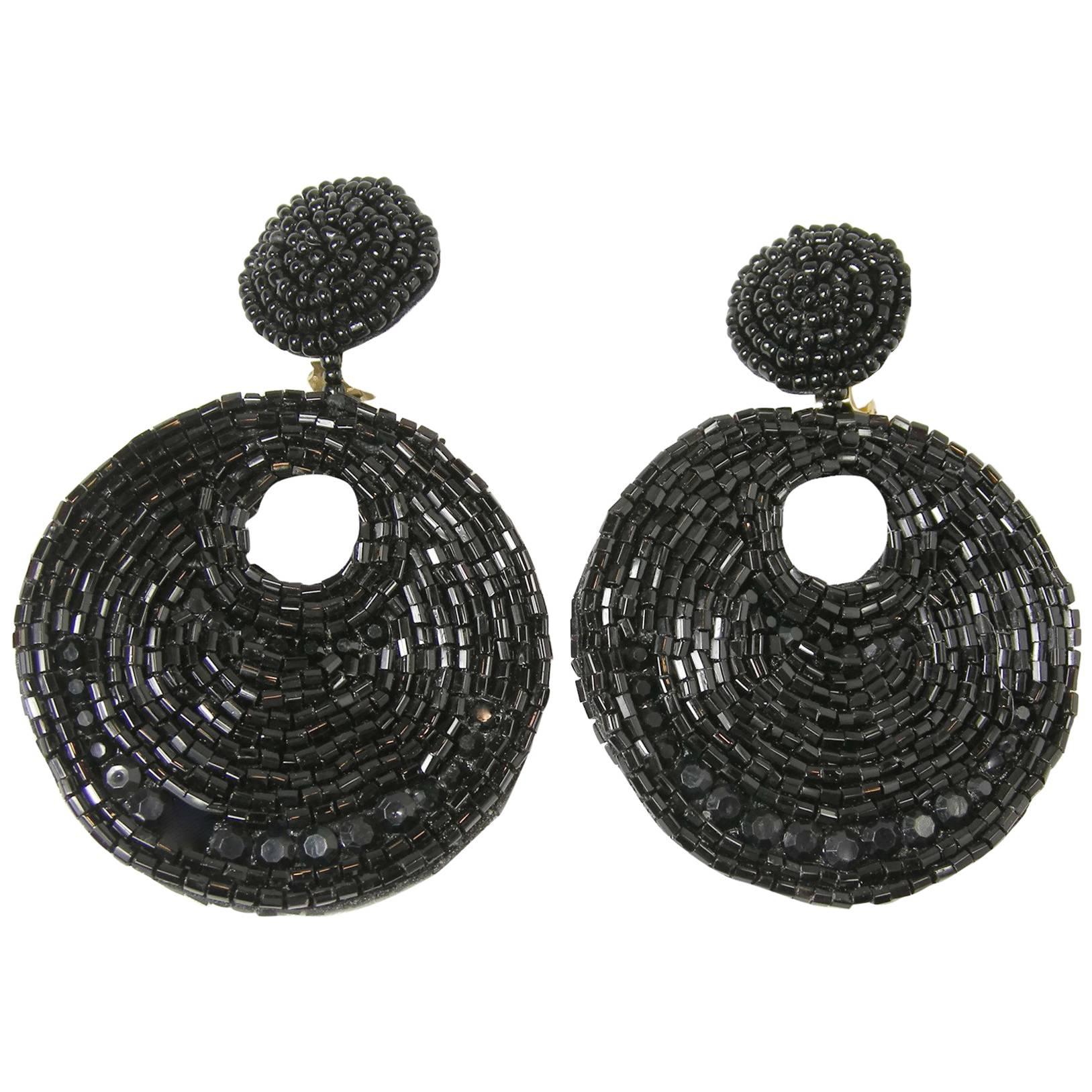 Kenneth Jay Lane Long Black Beaded Hoop Earrings For Sale