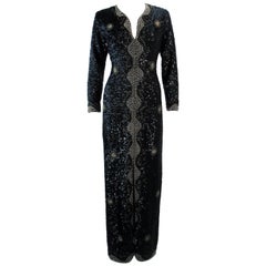 Vintage 1960's Black and Gold Sequin Maxi Dress Size M L 