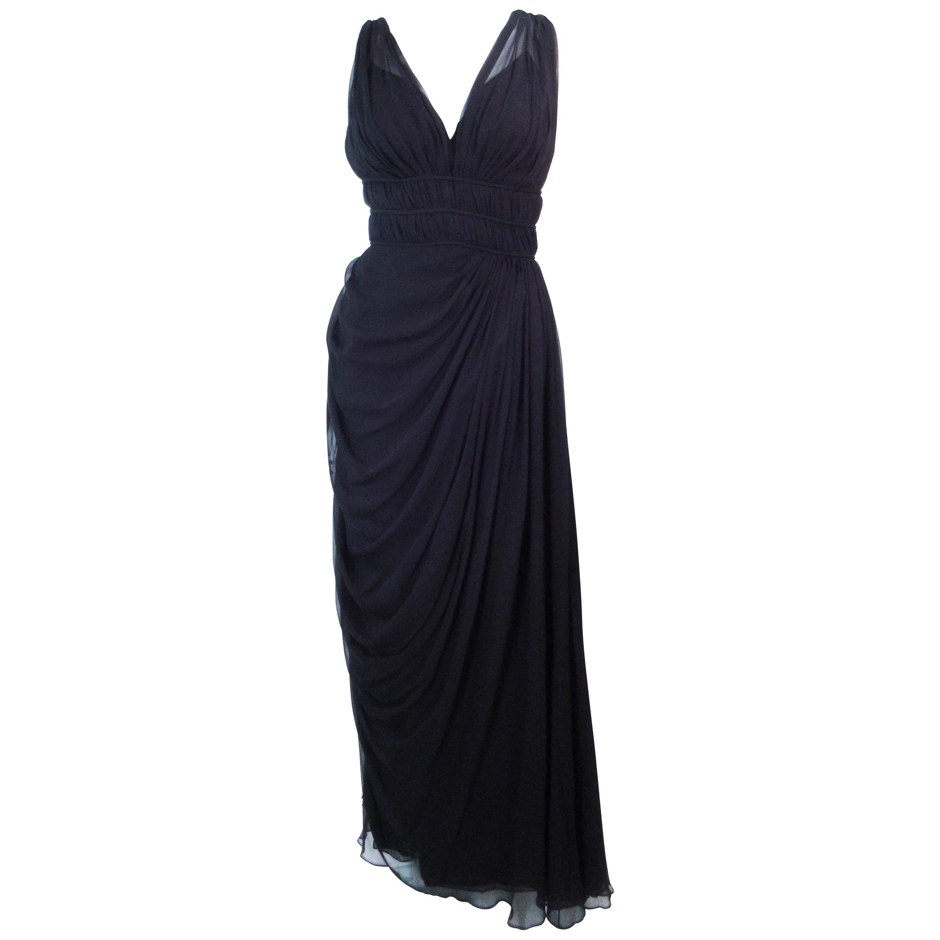 HELEN ROSE Black Silk Chiffon Draped Gown with Empire Waist Size 2 4 For Sale