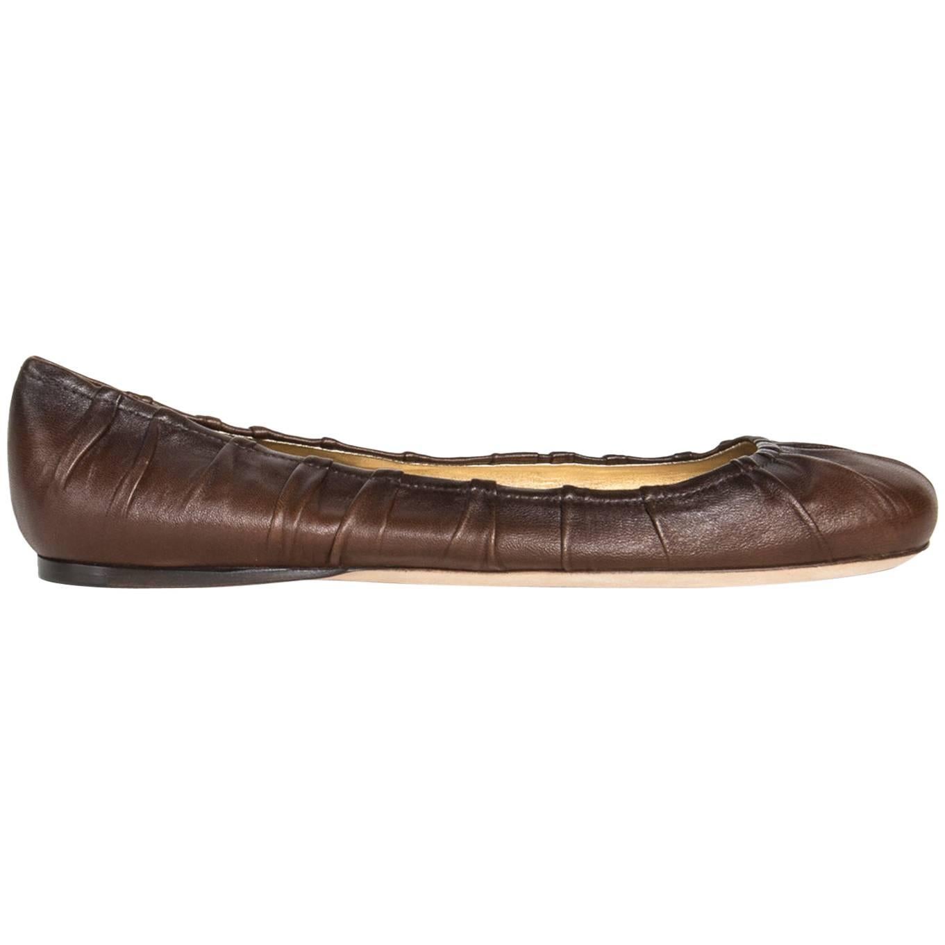 Prada Brown Leather Ballet Shoes For Sale