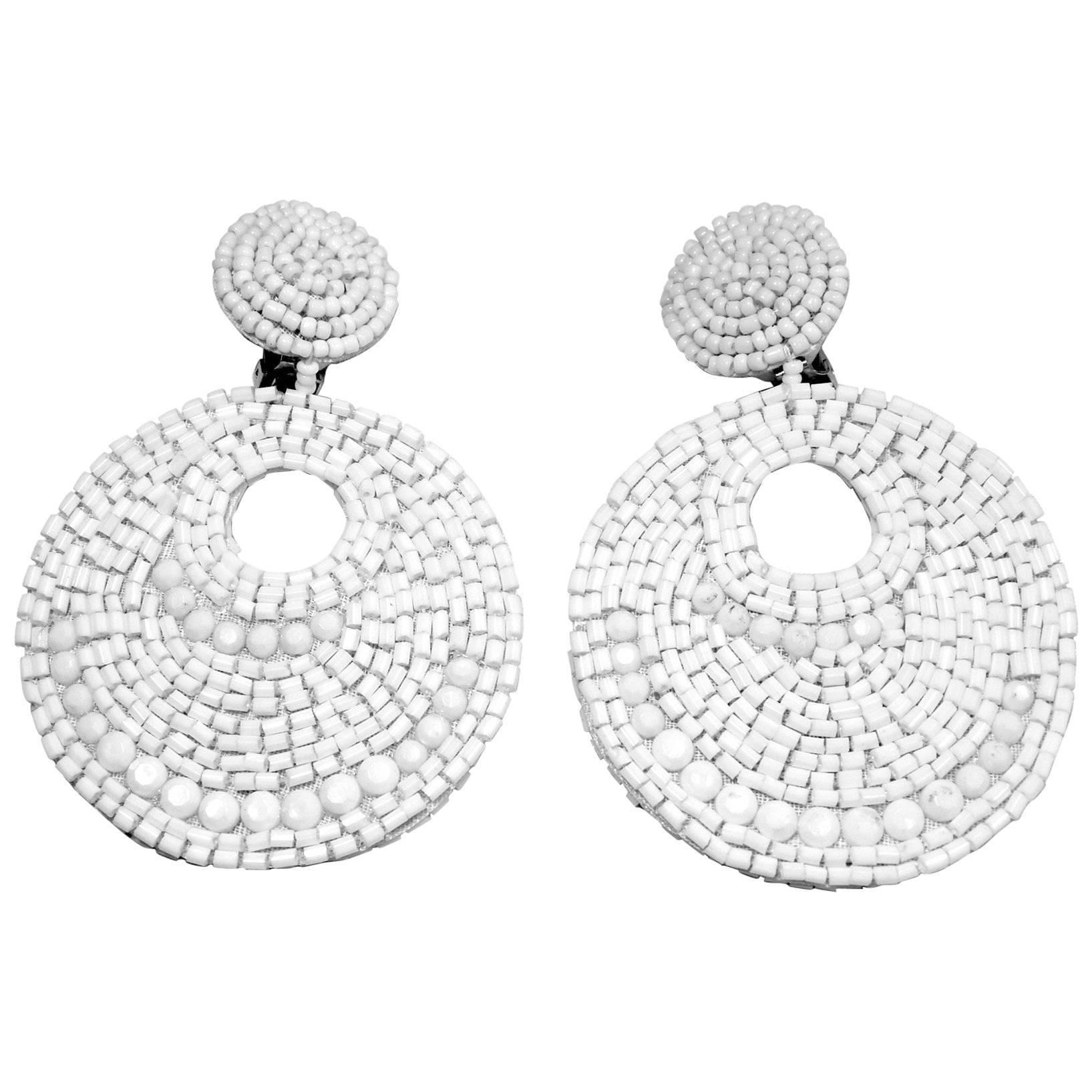 Kenneth Jay Lane Long White Beaded Hoop Earrings For Sale