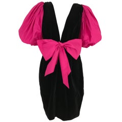 Vintage 1980s Saint Laurent Plunging Neckline Velvet Dress with Dramatic Pink sleeves