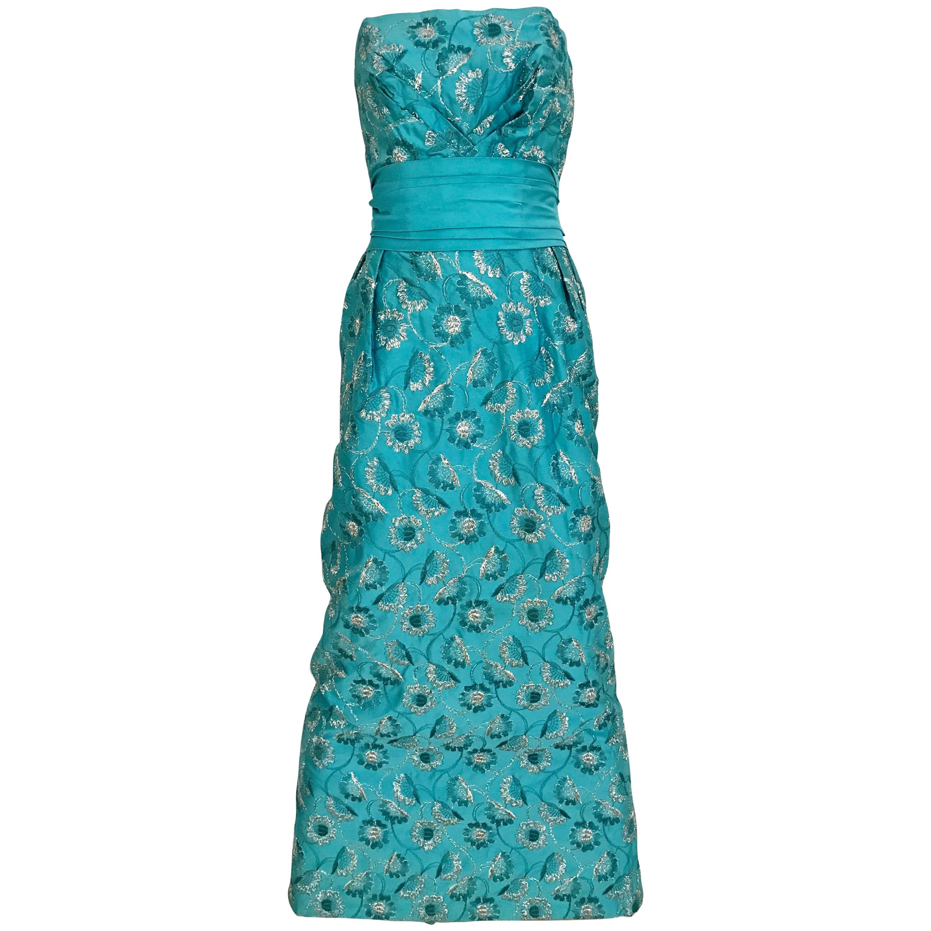 1960s Turquoise Blue Strapless Gown with Silver Floral Embroidery