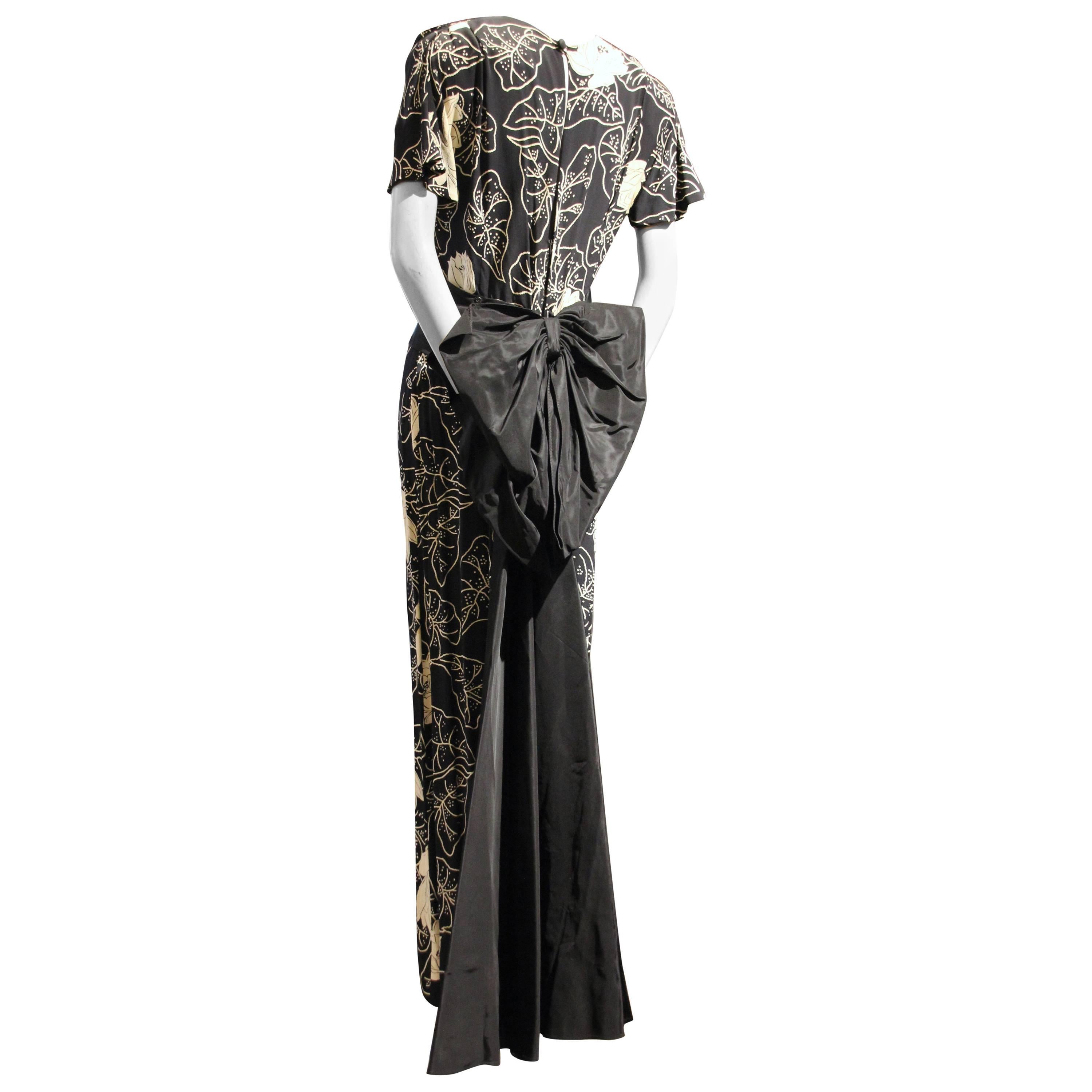 1940s Eisenberg Original Black and White Floral Print Gown w Huge Taffeta Bow 