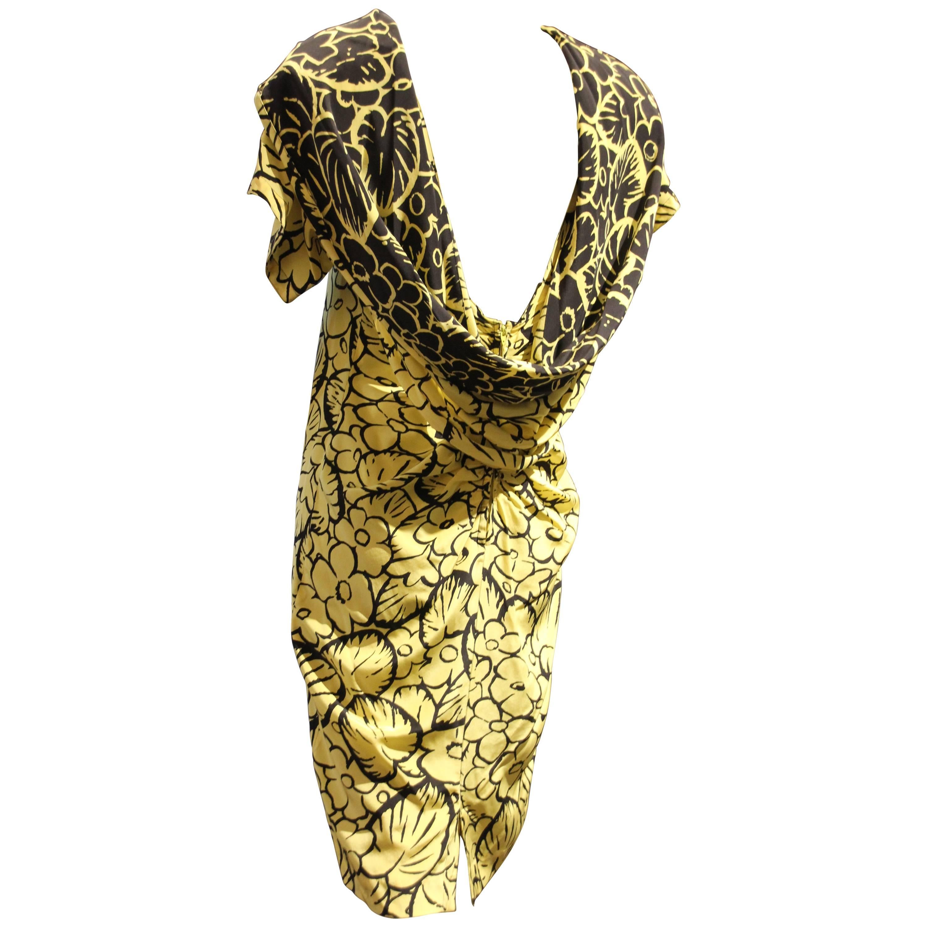 1980s Gianni Versace Yellow and Black Floral Print Silk Dress w Draped Back  For Sale