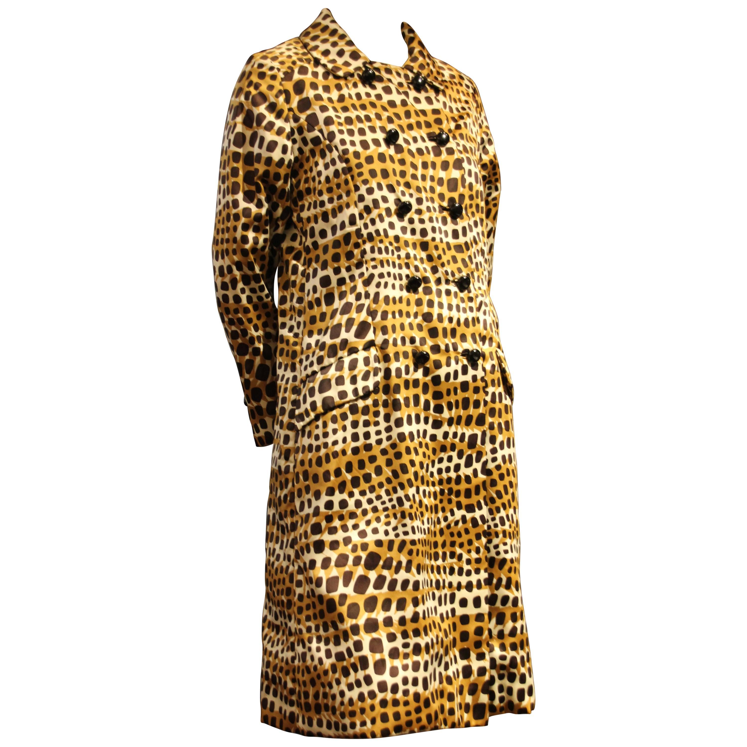 1960s Jean Louis Leopard Print Silk Satin Double Breasted A-Line Raincoat