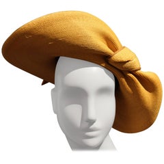 Vintage 1940s Gene Doris Sculpted Brim Straw Hat w Brown Ribbon Band