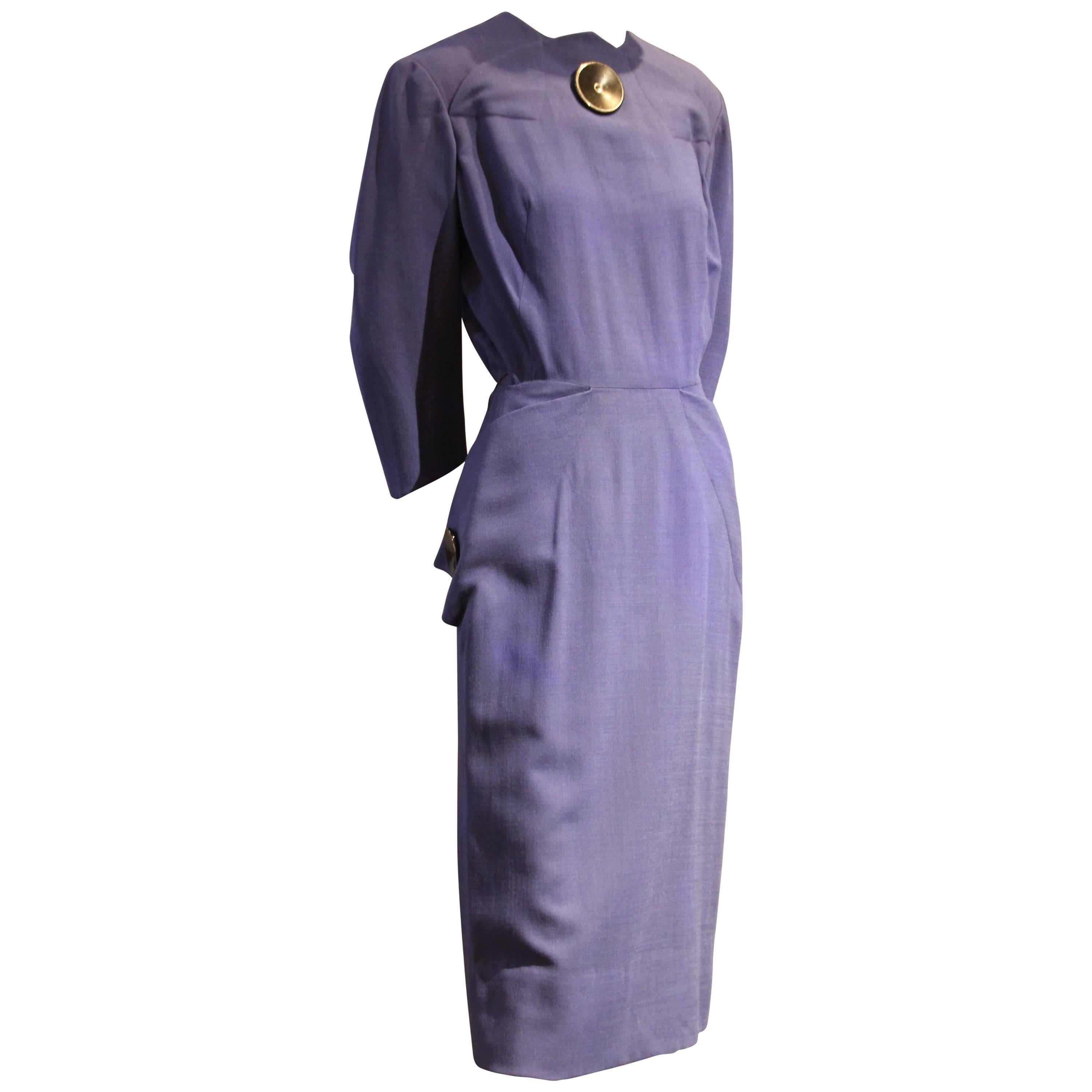 Late 1940s Eisenberg Indigo Blue Tailored Dress w Large Button Detailing