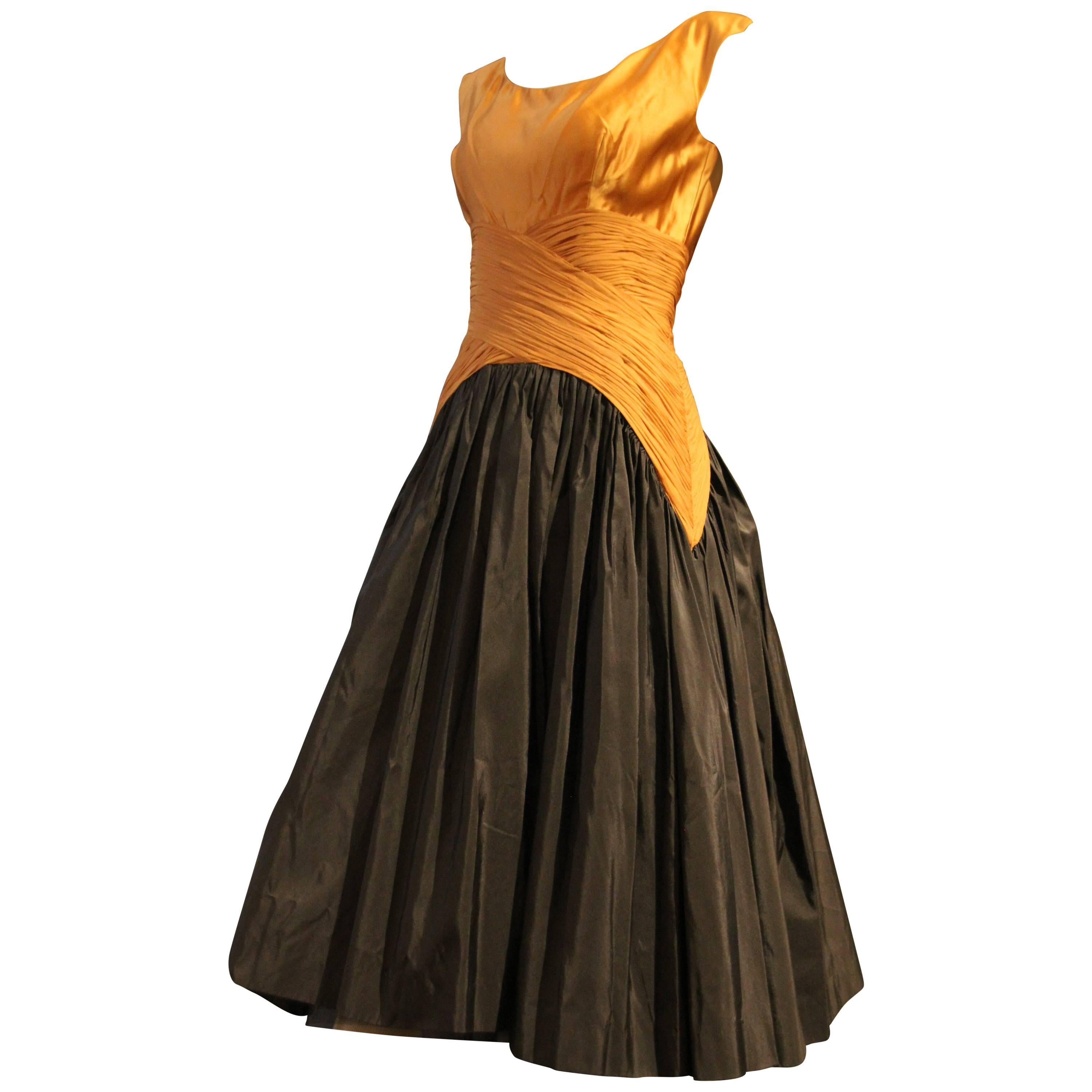 1950s Samuel Winston Black and Gold Cocktail Dress w Exquisite Bodice Detailing For Sale