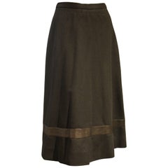 1970s Hermes Cashmere Woven Flared Skirt w Western-Inspired Leather Inset
