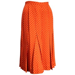 1970s Saint Laurent Box Pleated Orange and White Polka Dot Crepe Skirt