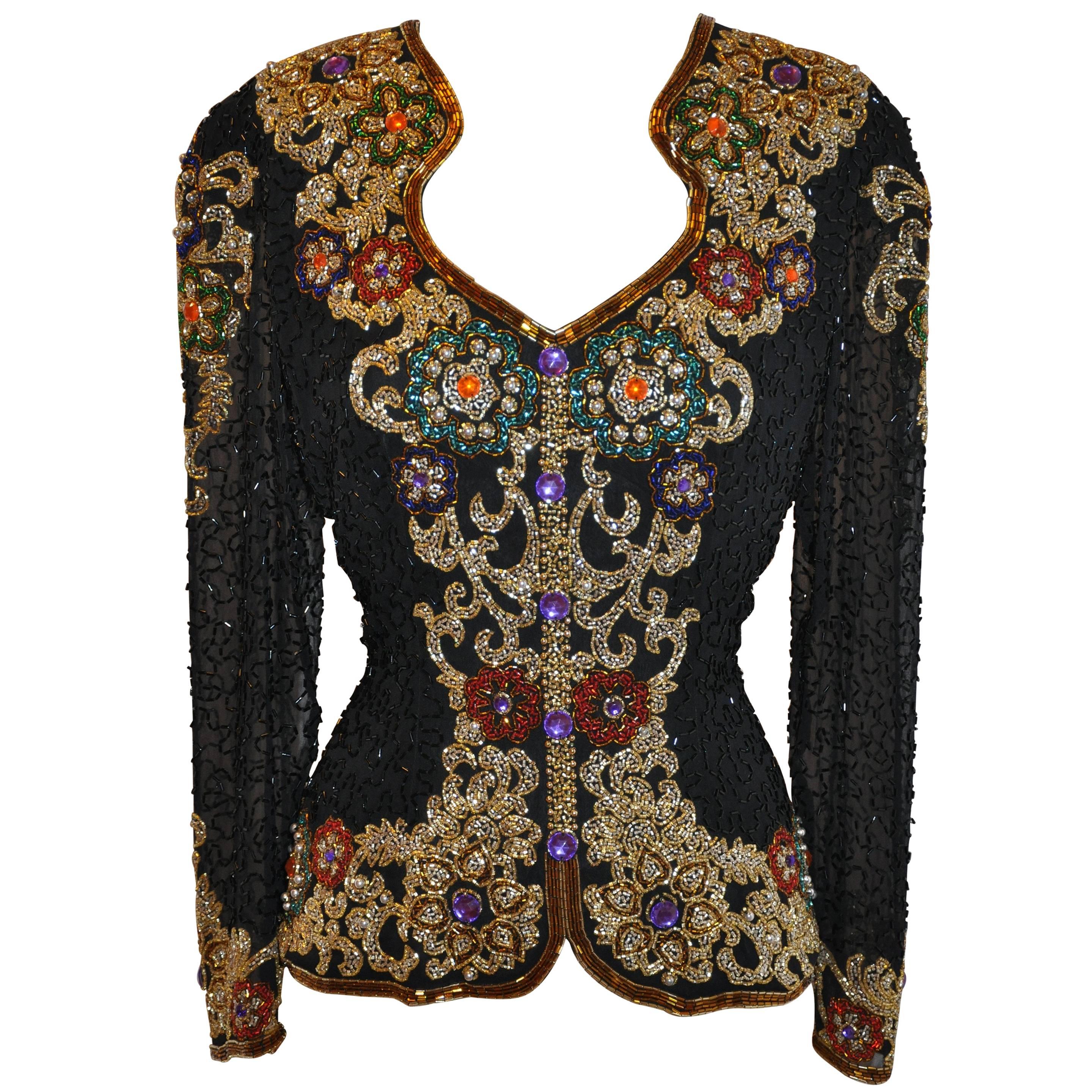 Oleg Cassini Elegant Detailed Multi-color Micro-Beaded Evening Top