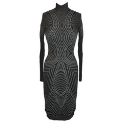 Vintage Alexander McQueen Charcoal & Gray Body-Hugging Abstract High-Neck Dress