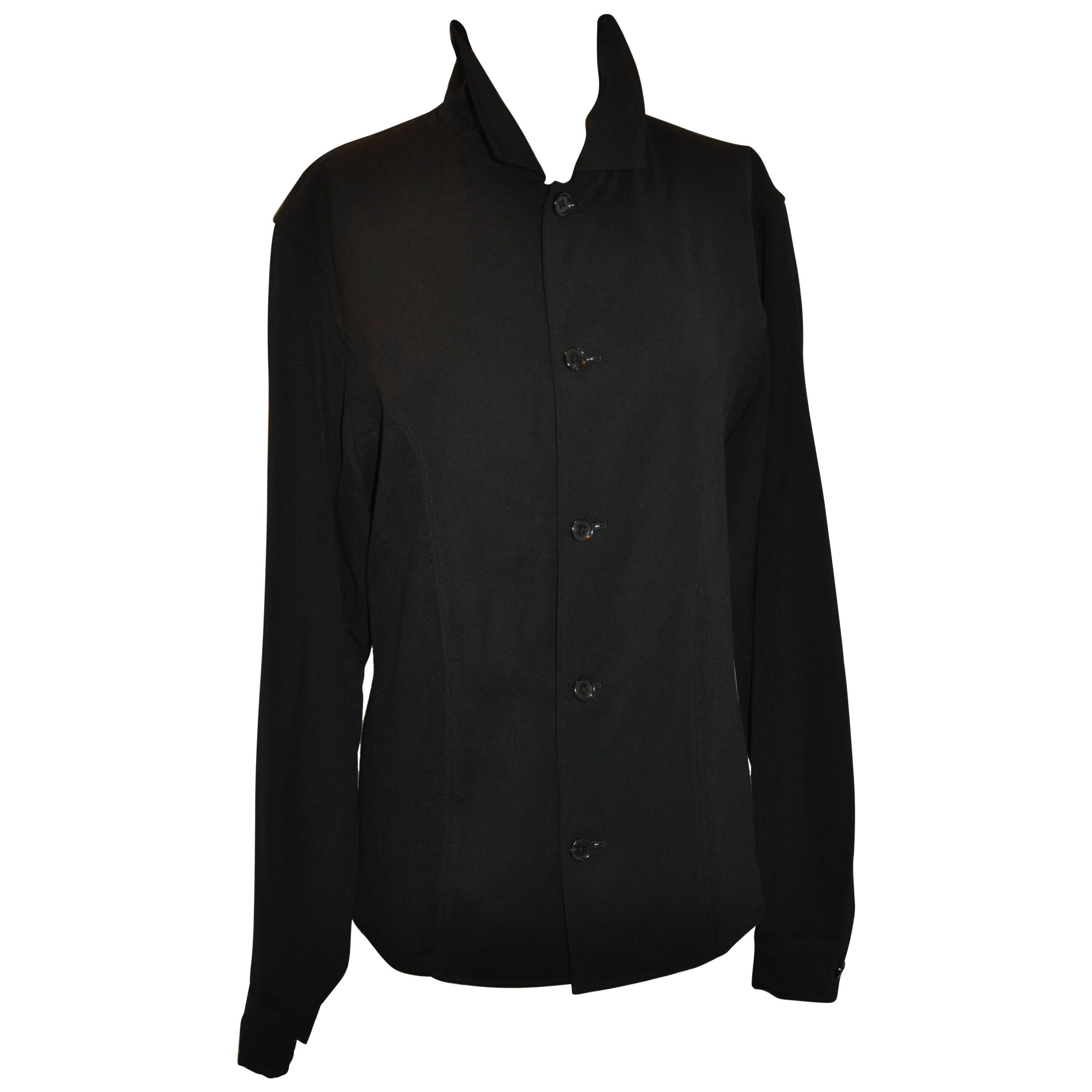 Yohji Yamamoto Homme Black Wool Jersey Panel & Cotton Button Jacket For Sale