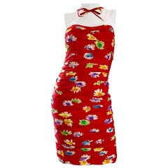 1990s Emanuel Ungaro Red Strapless Reverse Halter Flower Cotton Vintage Dress