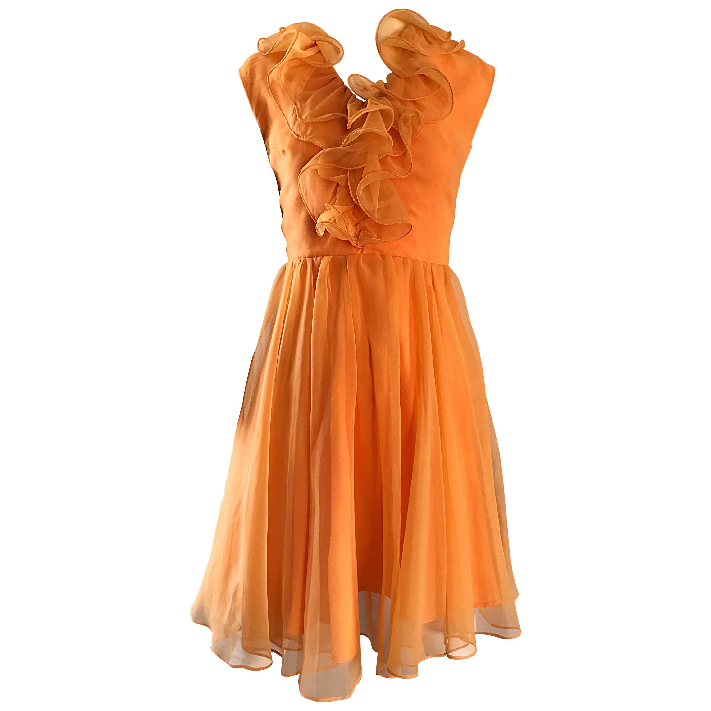 1960s Chic Sorbert Orange Chiffon Ruffle Neck Vintage A - Line 60s Dress  For Sale