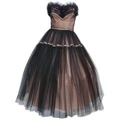 1950s Emma Domb Black and Pink Tulle Party Dress