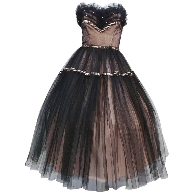 1950s Emma Domb Black and Pink Tulle Party Dress For Sale