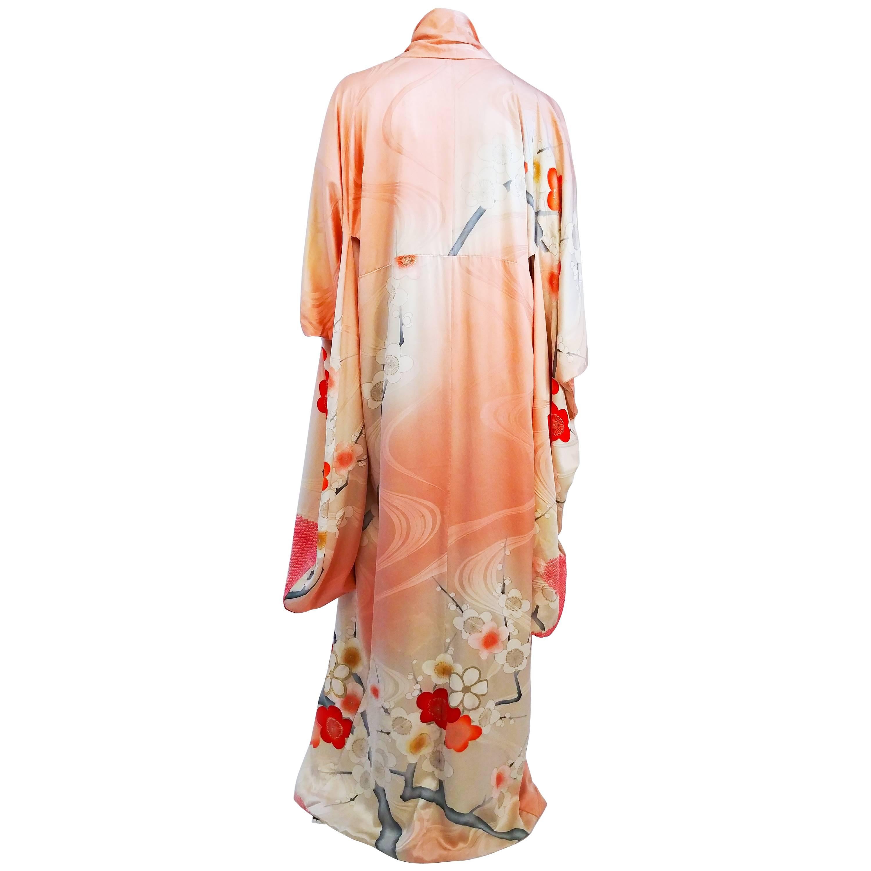 Coral Floral Motif Printed Silk Kimono