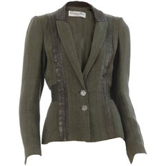Christian Dior Boutique Paris Linen Jacket With Lambskin Leather Trim 90s Sz 4 4