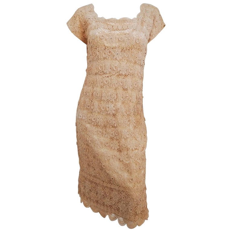 1960s Ivory Crocheted Lace Cocktail Dress For Sale