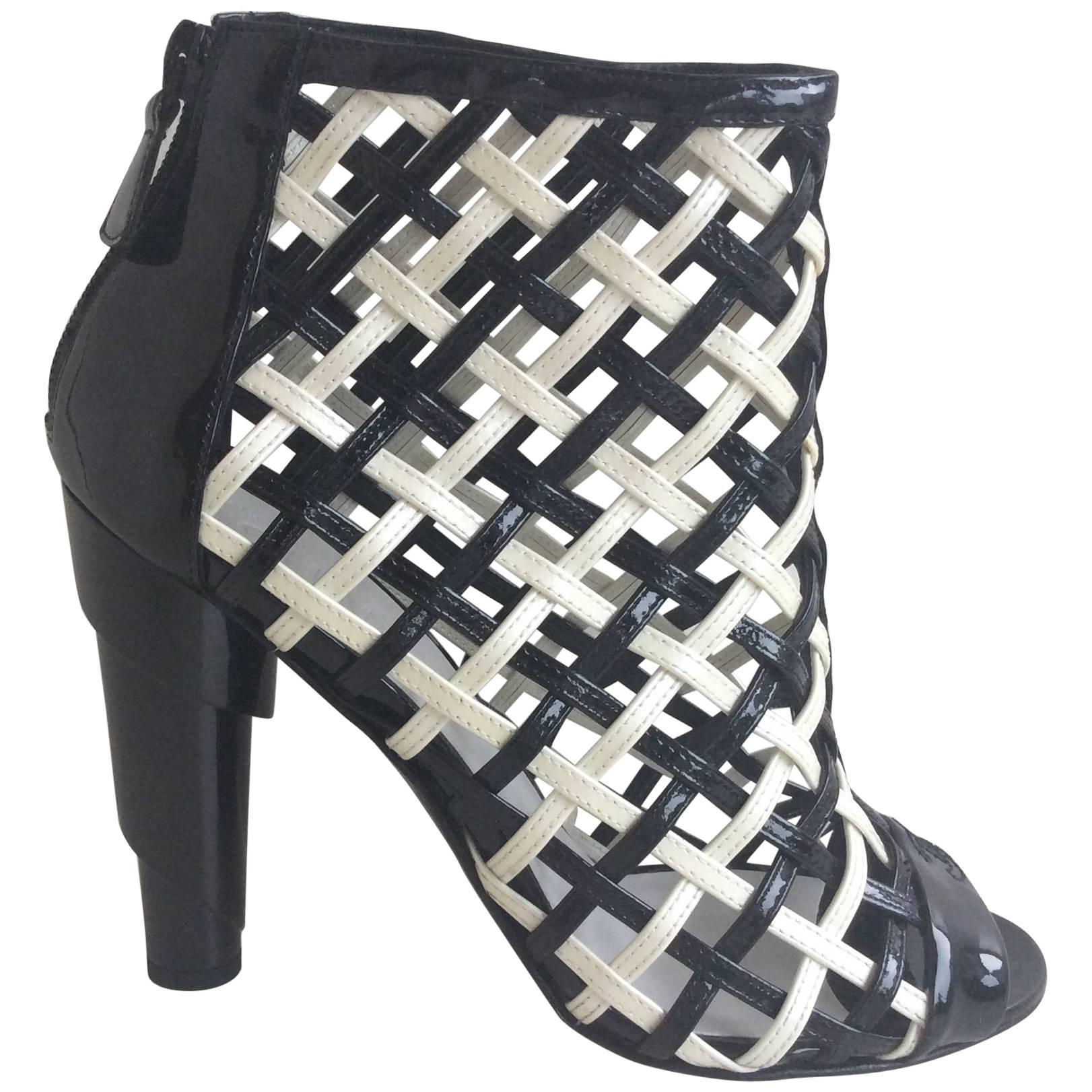 Chanel Black And White Cage Booties SZ 38.5 For Sale