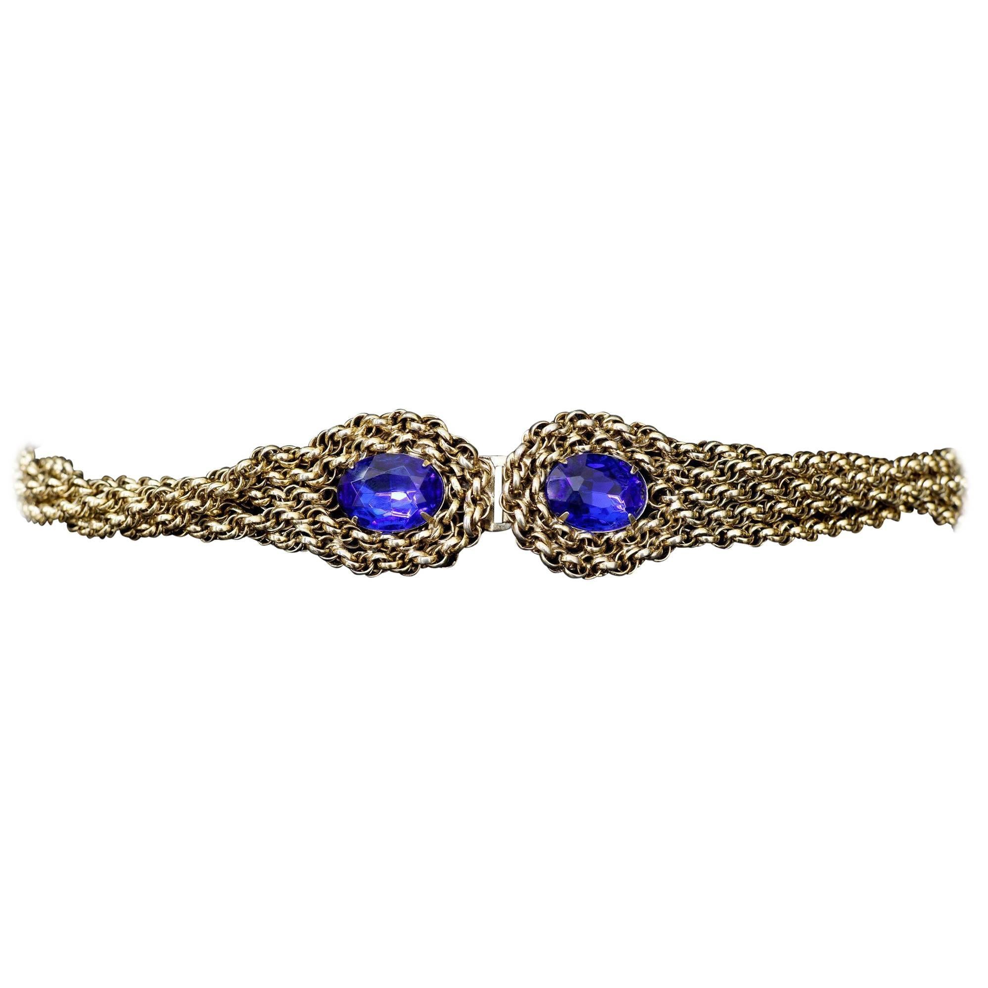 GoldTone Twist Belt with Blue Glass Stones For Sale