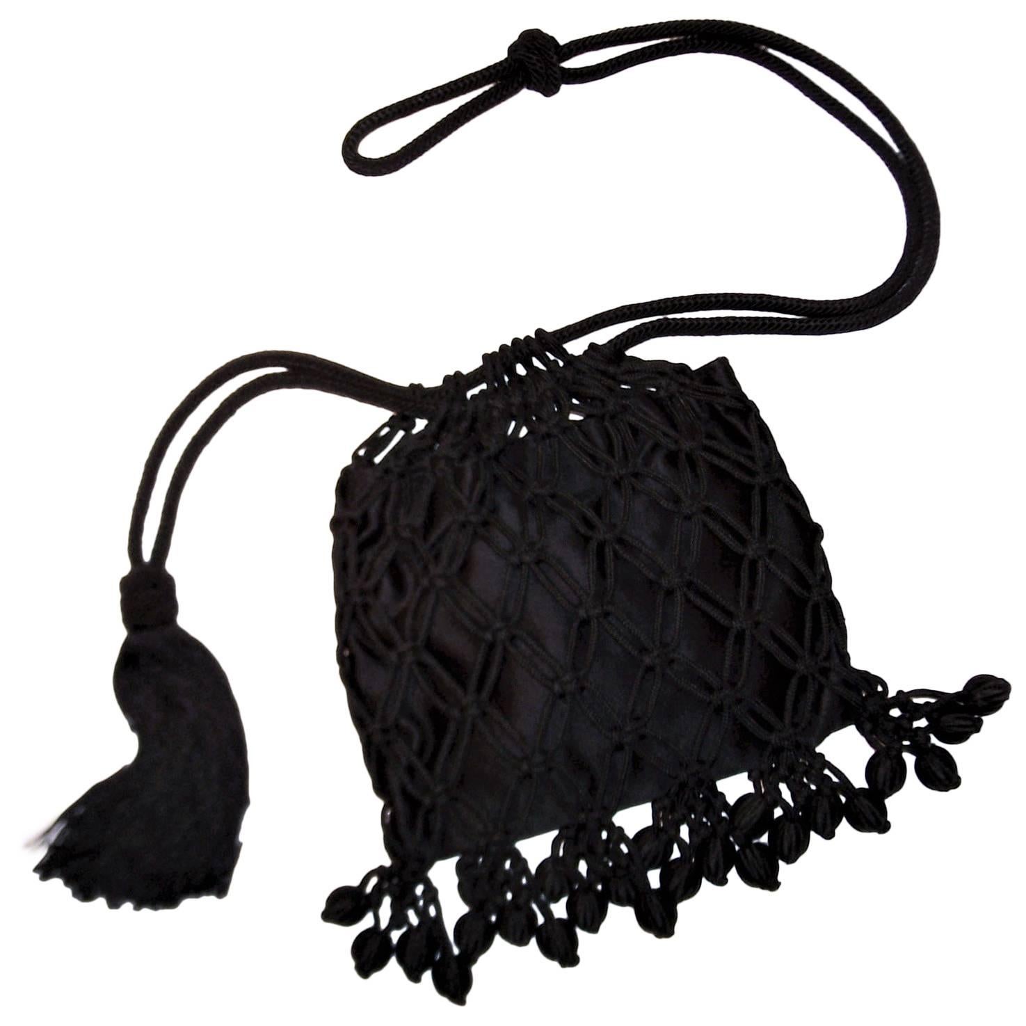 Flapper Style C.1990 Bottega Veneta Black Silk Drawstring Handbag