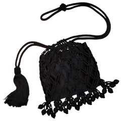 Vintage Flapper Style C.1990 Bottega Veneta Black Silk Drawstring Handbag
