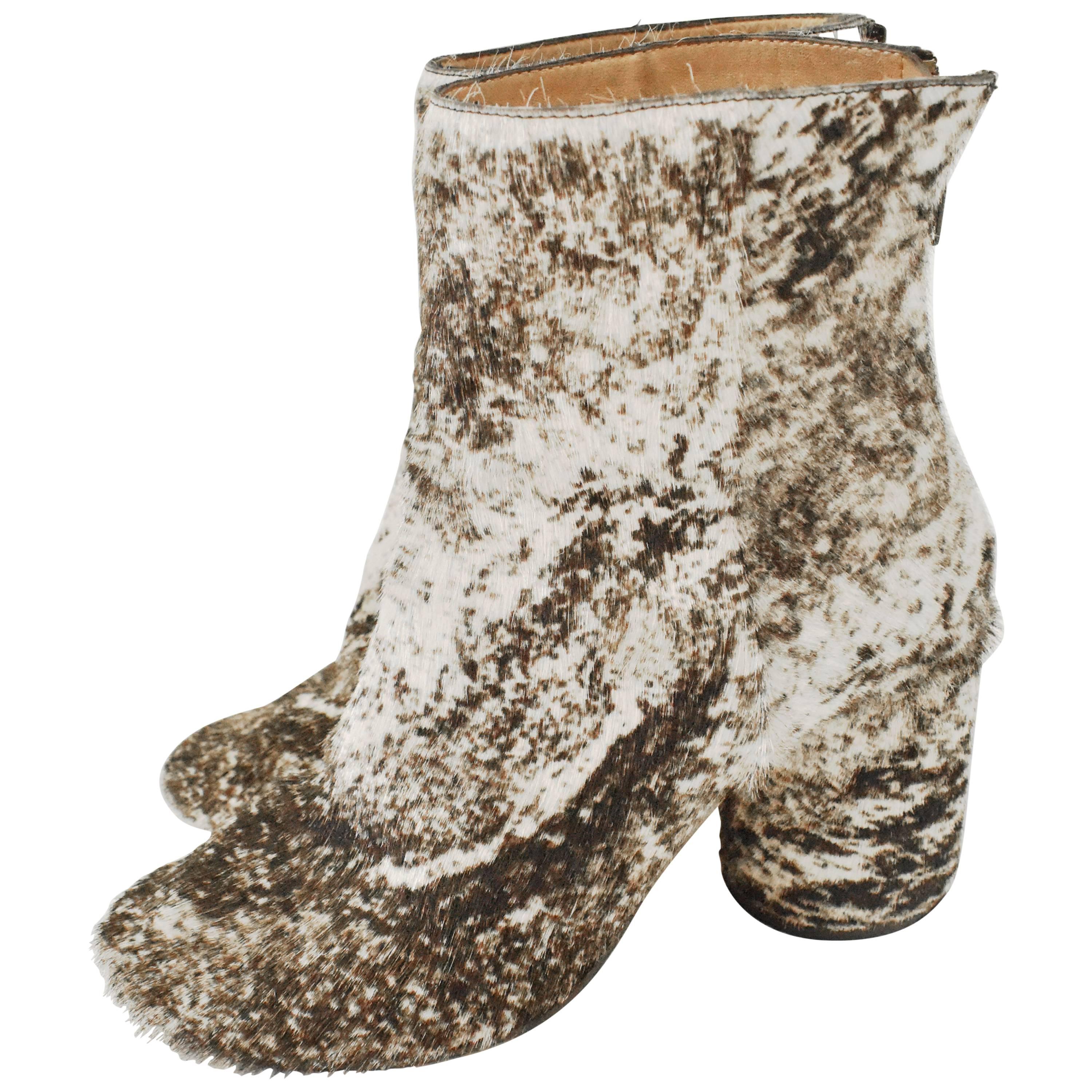 Maison Martin Margiela White and Brown Ponyskin ‘Socks’ Ankle Boots For Sale