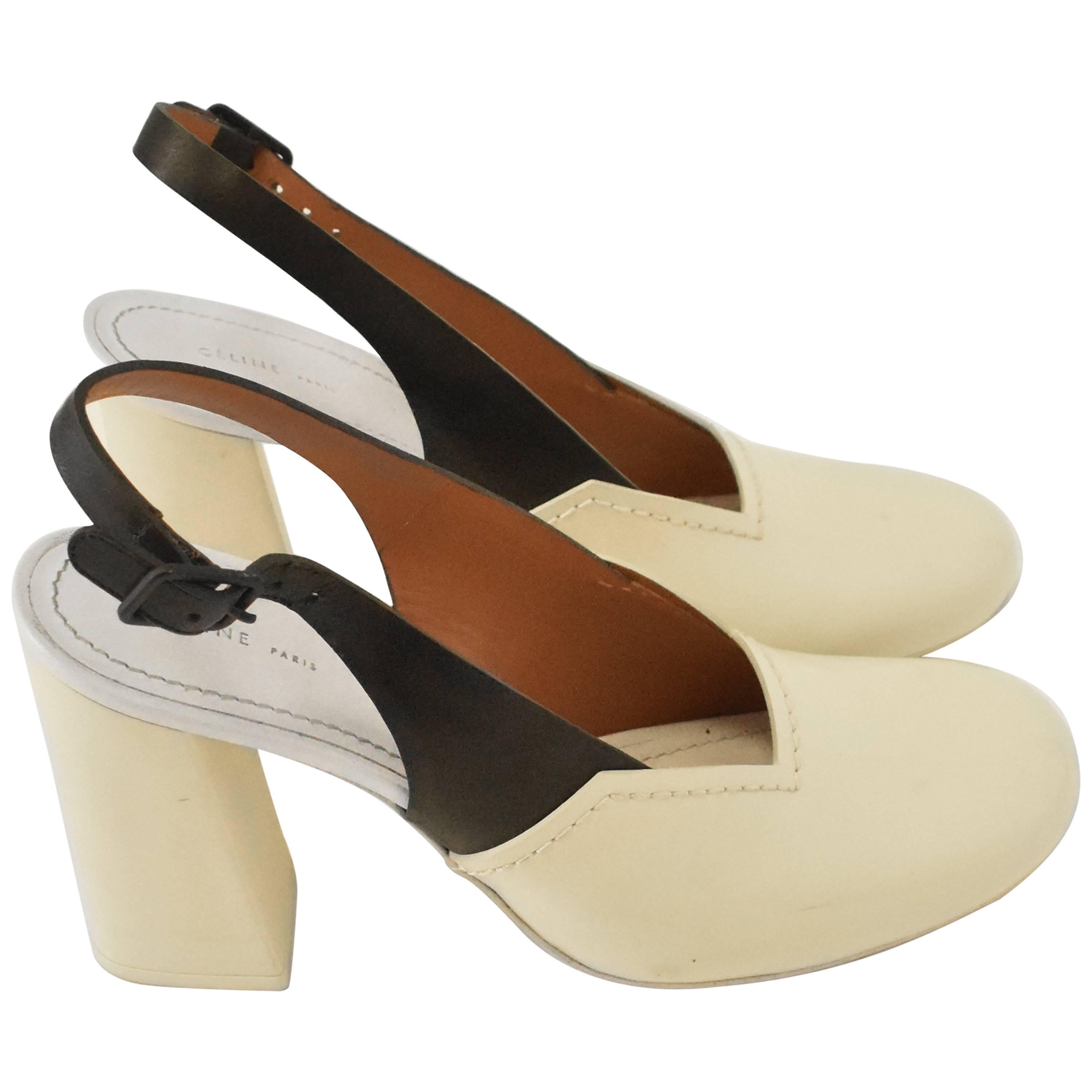 Celine Cream Patent Leather Contrast Colour Slingback Heeled Pumps w Rubber Heel
