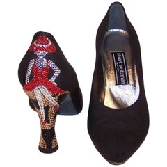 Whimsical 1980's Stuart Weitzman Bejeweled Black Evening Shoes