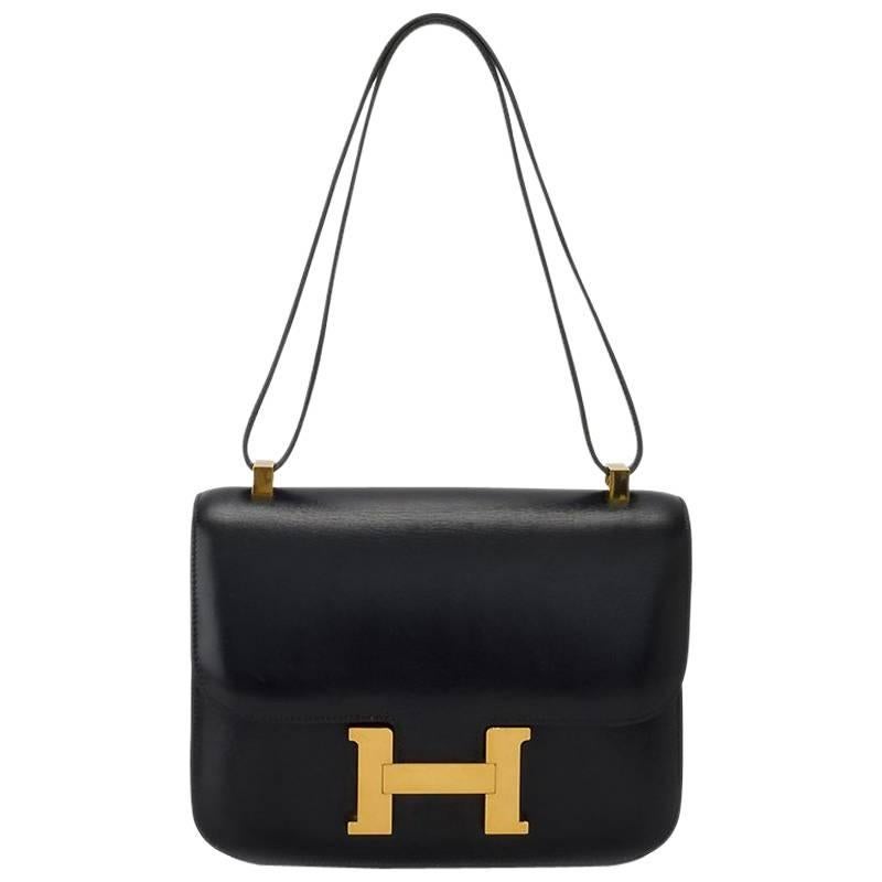 Hermes Black Box Calf Leather Constance 23cm Shoulder Bag For Sale