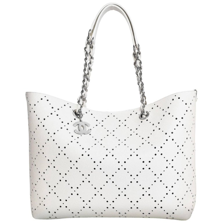 Chanel 2016 White Perforated Quilted Caviar Leather Tote Bag with DB For Sale at 1stdibs