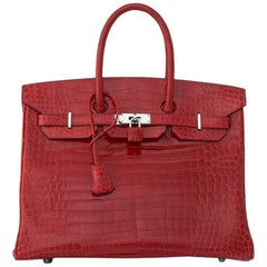 Hermes Red Braise Porosus Crocodile Lisse Birkin 35cm Palladium Silver 10