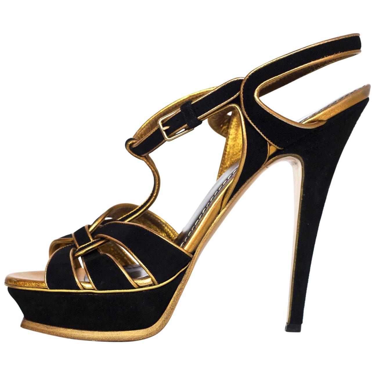 Yves Saint Laurent Black and Gold SuedeTribute 105 Sandals Sz 39.5