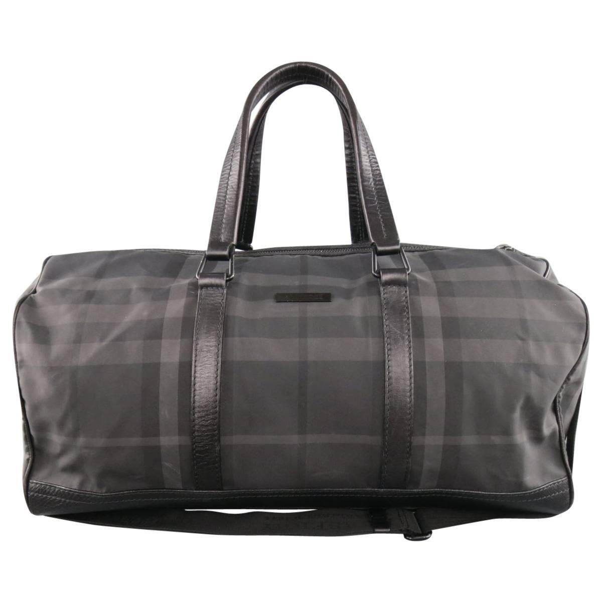 BURBERRY Black & Grey Plaid Nylon & Leather Large Duffle Bag