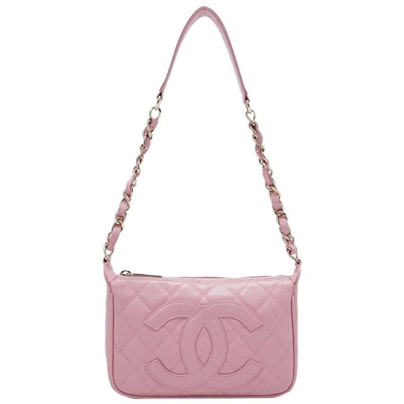 Chanel Pink CC Quilted Caviar Leather Shoulder Bag For Sale