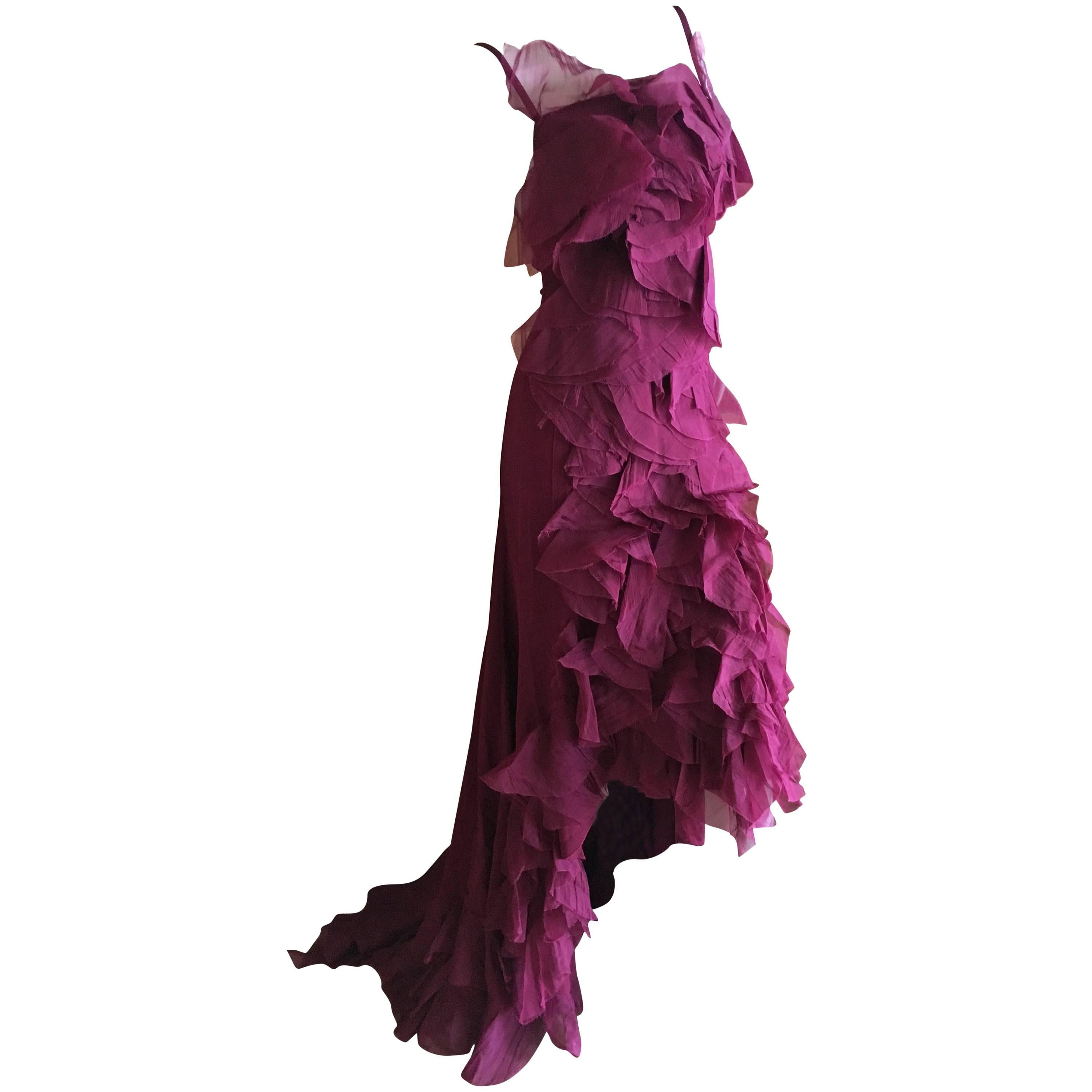 Nina Ricci Vintage Fuscia Silk Organza Petal Flamenco Dress with Train For Sale
