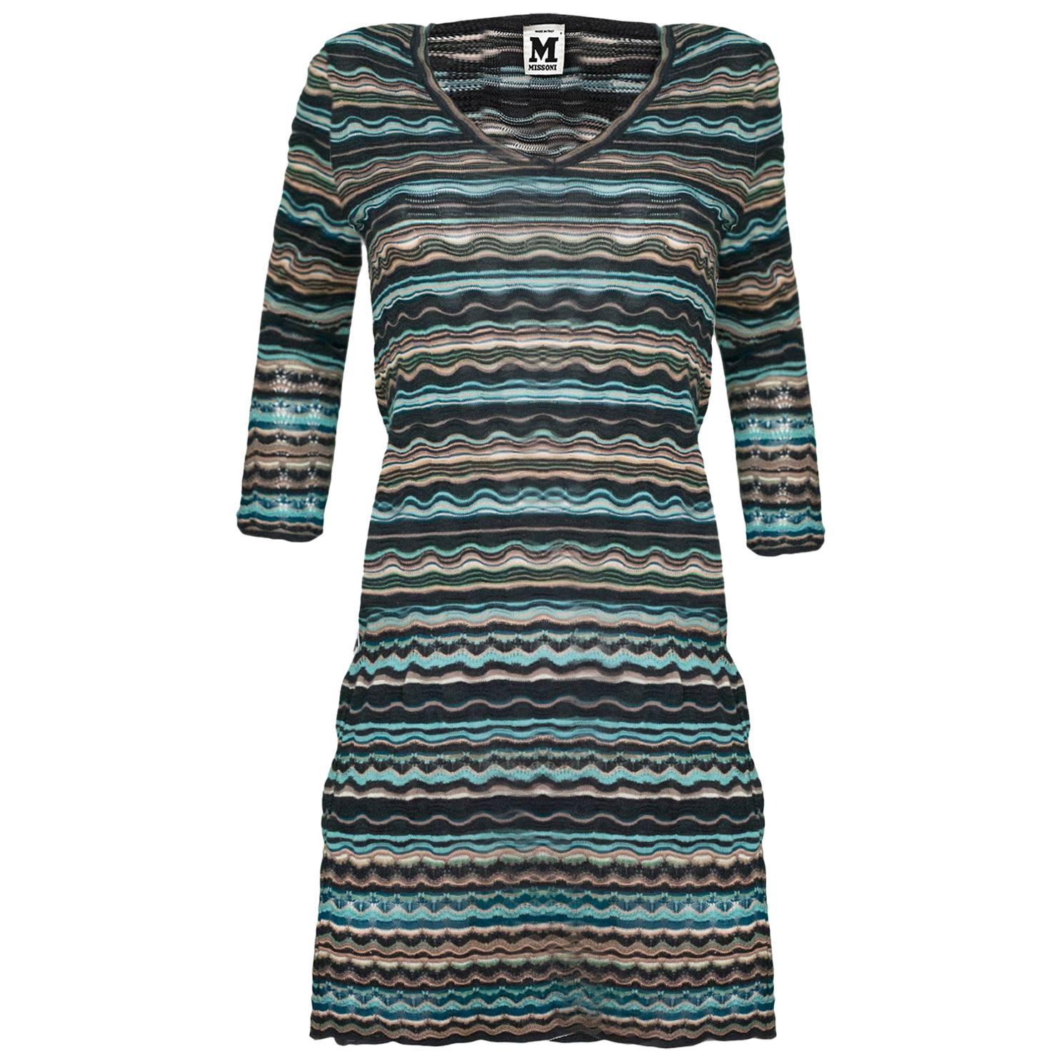 M Missoni Blue & Grey Knit Long Sleeve Dress sz S