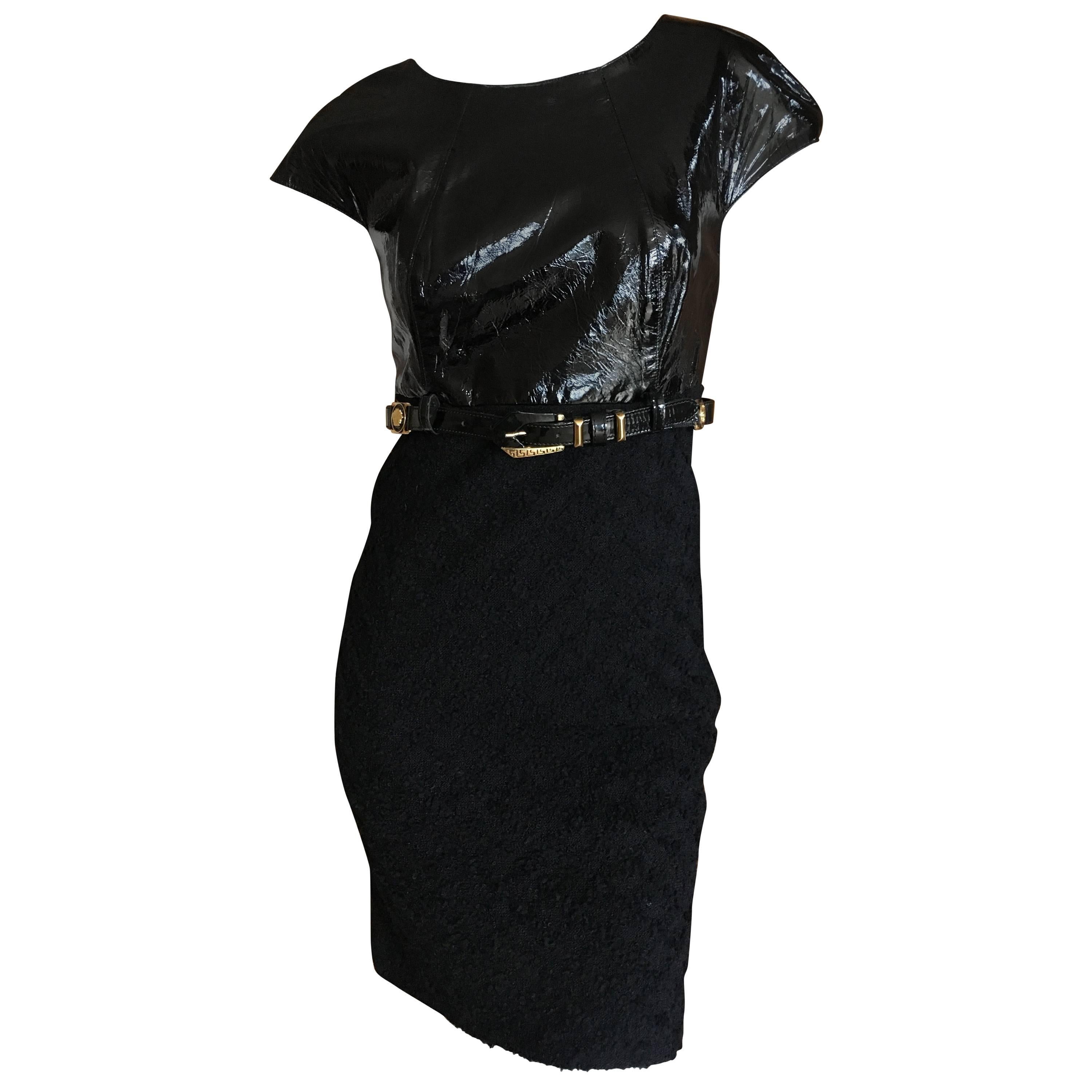 Gianni Versace Couture 1980's Black Patent & Boucle Mini Dress w Medusa Belt For Sale