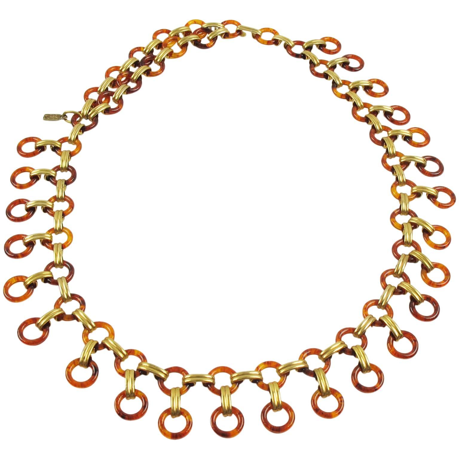 1970s Yves Saint Laurent Paris Tortoise Lucite Brass Necklace Waist/Hip Belt