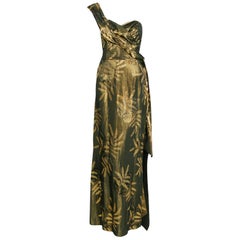 1940's French Couture Metallic Gold Lame Hourglass One-Shoulder Gown & Bolero