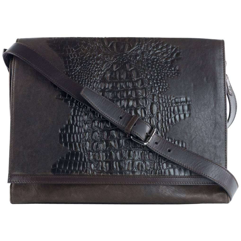 Roberto Cavalli Men's Brown Leather Croc Embossed Messenger Bag
