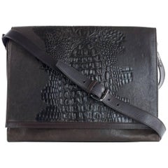 Roberto Cavalli Men's Brown Leather Croc Embossed Messenger Bag