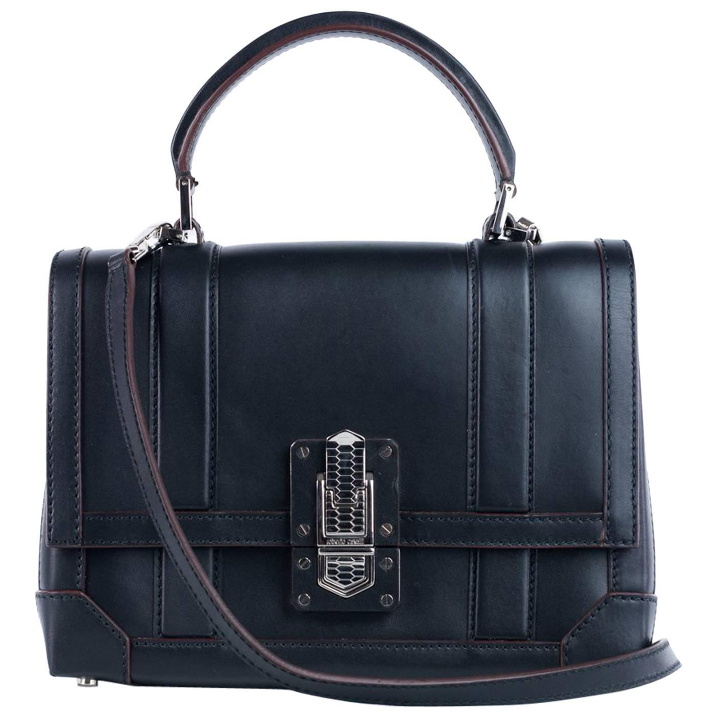 Roberto Cavalli Womens Solid Black Leather Satchel Shoulder Bag For Sale